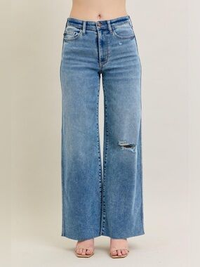 Judy Blue High Waist Vintage Wash Destroy Wide Leg Denim Jeans 8608, sz 14W